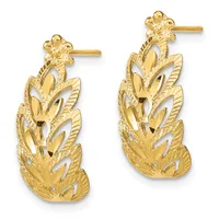 A pair of gold stud earrings with leaf-shaped designs featuring textured surfaces and cutout details, shown from the front.