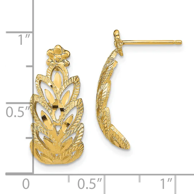 Two gold textured earrings with leaf-shaped cutout designs and post backs, displayed next to a ruler showing approximately one inch in length.