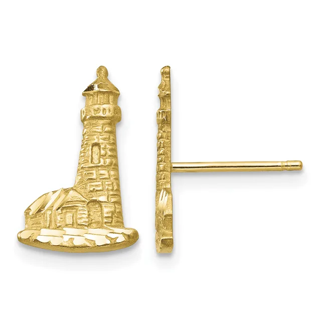 Gold lighthouse stud earrings shown from front and side views, featuring detailed architectural rendering with a cylindrical tower and domed top on a circular base.