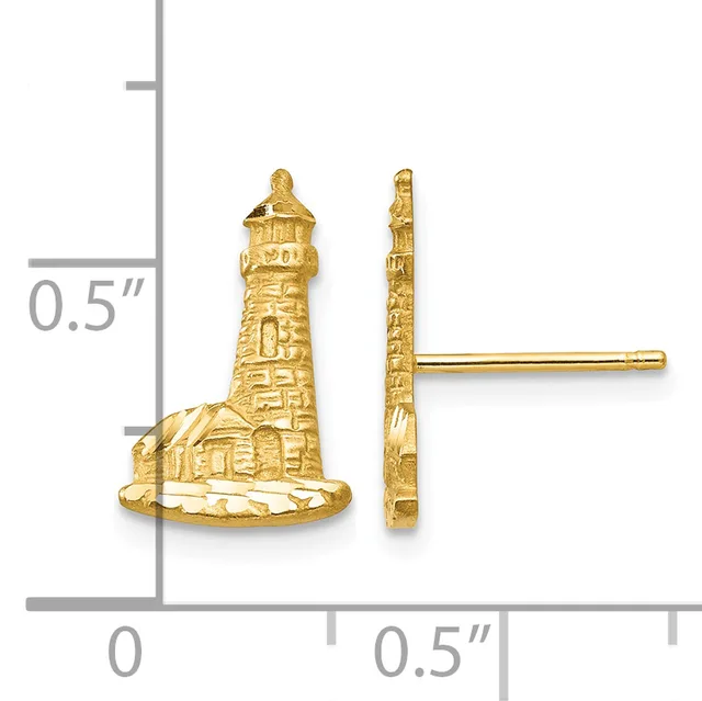 Gold lighthouse stud earrings shown from front and side views with a measurement scale indicating approximately 0.5 inches in height.