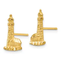 A pair of gold lighthouse-shaped earrings with textured towers, peaked roofs, and post backs displayed against a white background.
