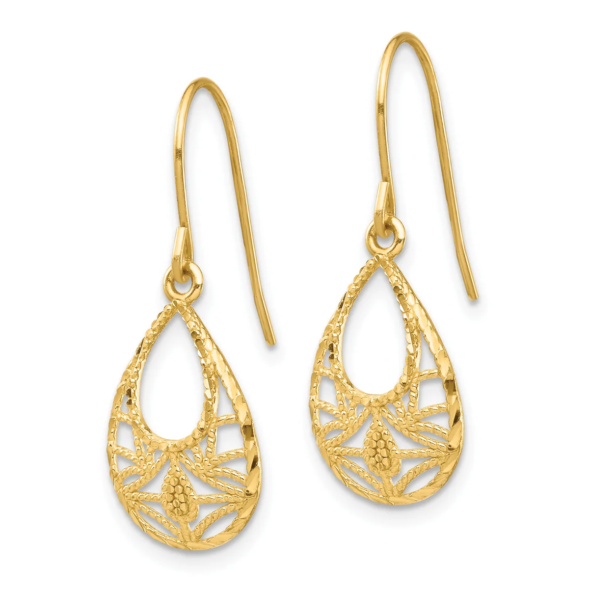 Pair of gold teardrop earrings with ornate filigree detailing and hook-style ear wires.