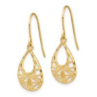 Pair of gold teardrop earrings with ornate filigree detailing and hook-style ear wires.