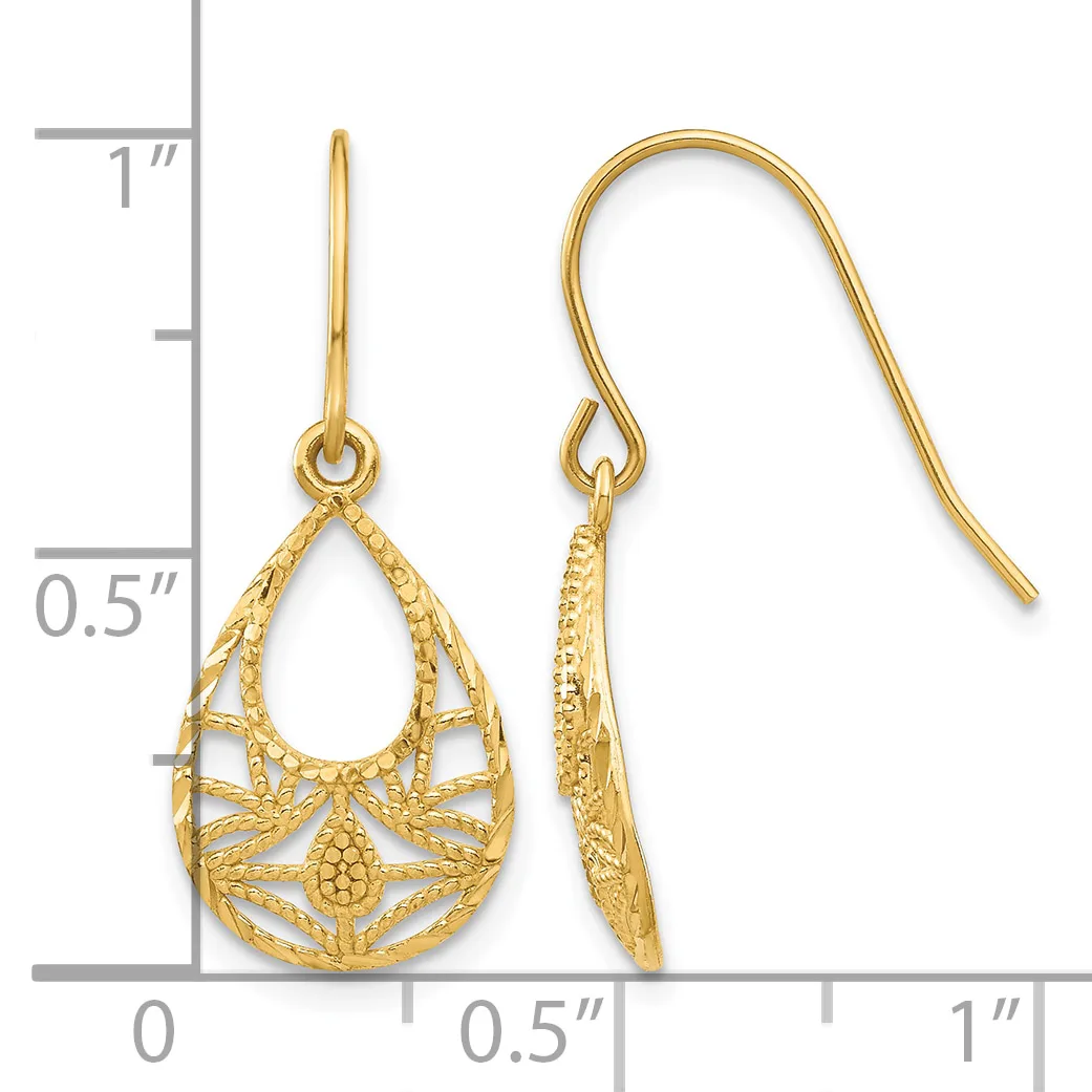 Pair of gold teardrop filigree earrings with fish hook wires, shown next to a ruler for scale.