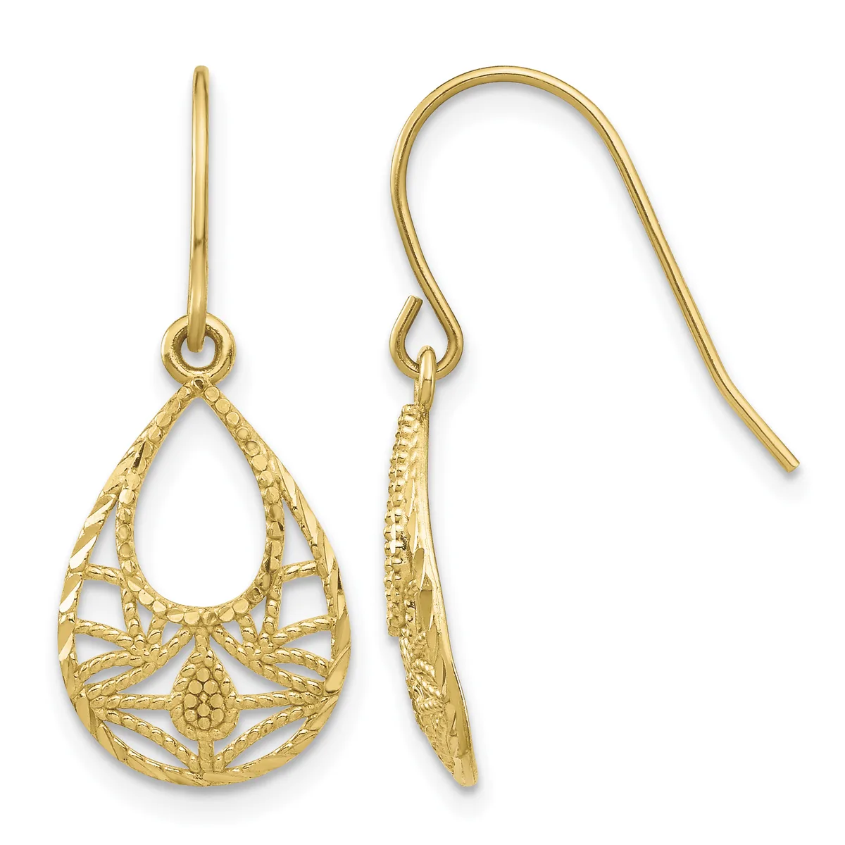 Pair of gold teardrop-shaped filigree earrings with French wire hooks, shown from front and side views.