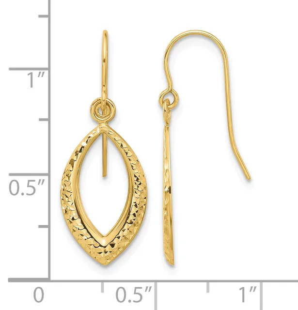 Pair of gold drop earrings with textured oval pendants suspended from fish hook wires, displayed against a measurement scale.