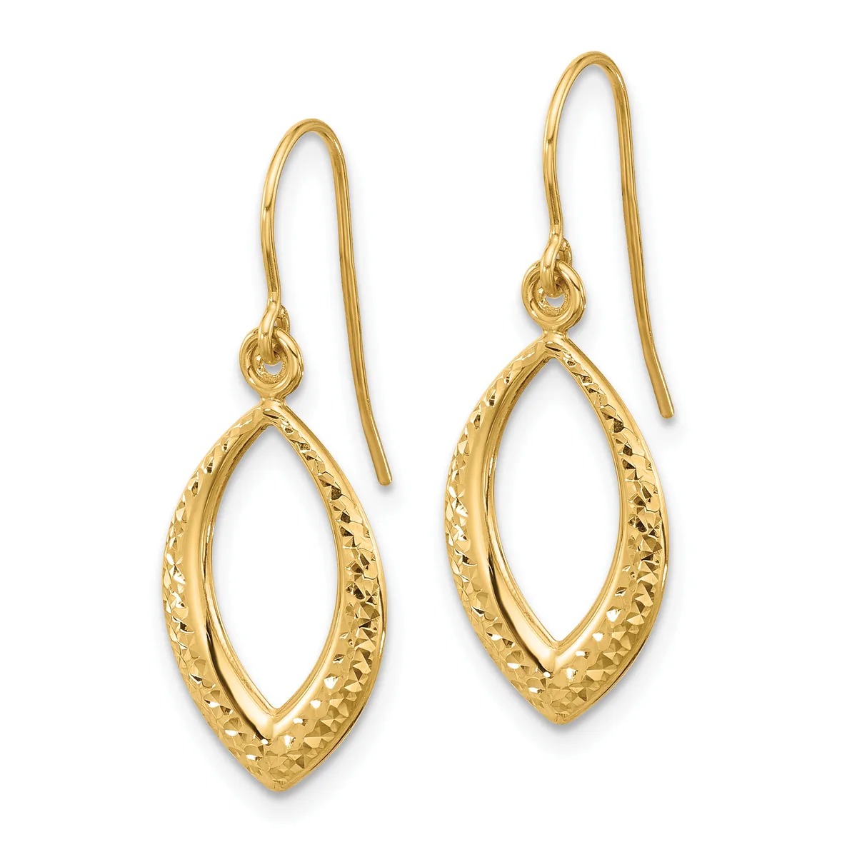A pair of gold drop earrings with textured marquise-shaped loops hanging from thin ear wires.