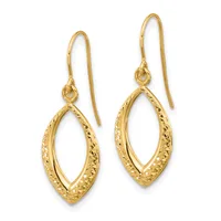 A pair of gold drop earrings with textured marquise-shaped loops hanging from thin ear wires.