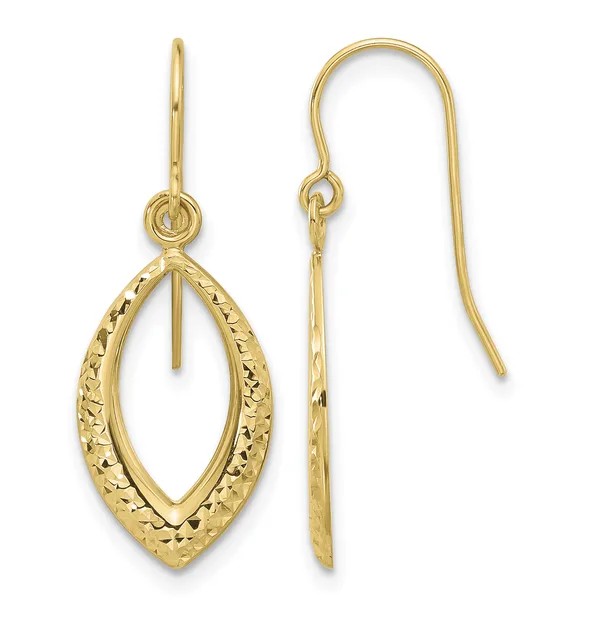 Pair of gold-colored drop earrings with textured oval pendants hanging from curved ear wires.