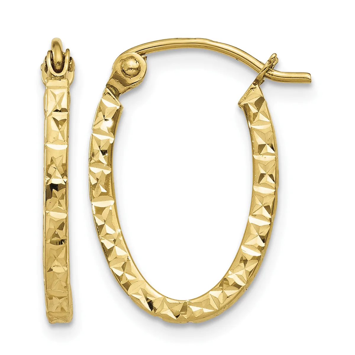 A pair of gold hoop earrings with a textured diamond-cut surface, shown open and closed positions against a white background.