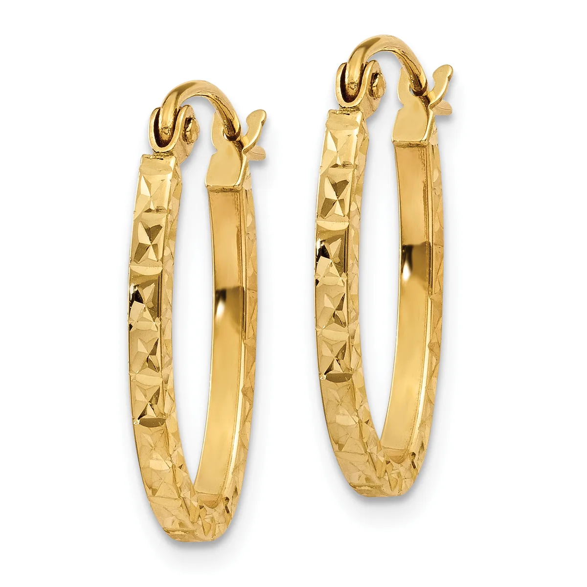 A pair of gold hoop earrings with textured diamond-cut surfaces and curved hooks, shown against a white background.