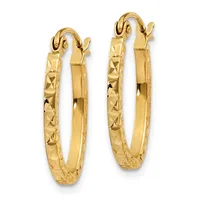 A pair of gold hoop earrings with textured diamond-cut surfaces and curved hooks, shown against a white background.