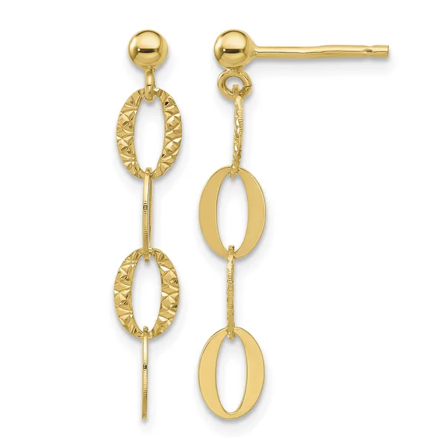 Pair of gold drop earrings with textured oval links connected by smooth bars, featuring ball post backs.