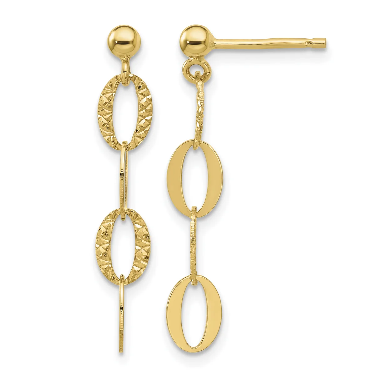Pair of gold drop earrings with textured oval links connected by smooth bars, featuring ball post backs.