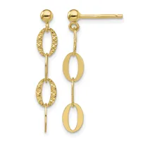 Pair of gold drop earrings with textured oval links connected by smooth bars, featuring ball post backs.