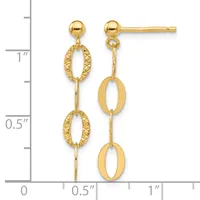 Gold dangle earrings with textured oval links suspended from ball studs, displayed against a ruler showing approximately one inch in length.