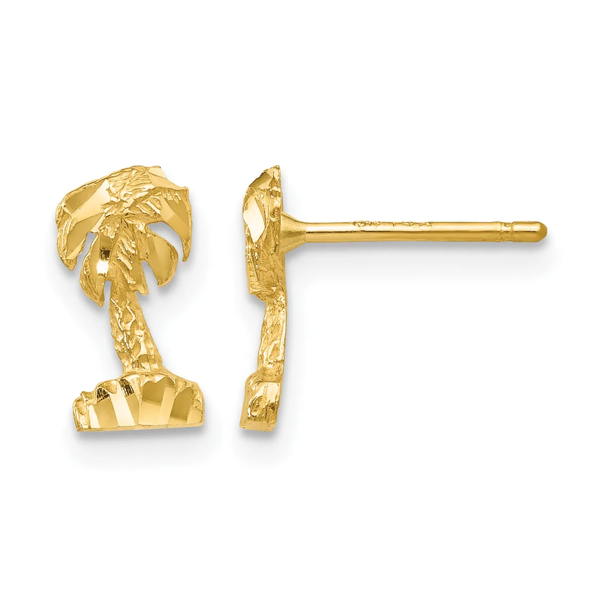 Pair of gold palm tree stud earrings shown from front and side views, with textured finish and post backs.