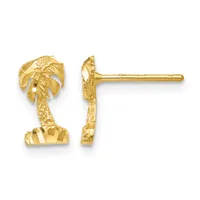 Pair of gold palm tree stud earrings shown from front and side views, with textured finish and post backs.