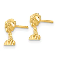 Pair of gold stud earrings featuring parrot heads with detailed feather texture on posts with flat fan-shaped backs.