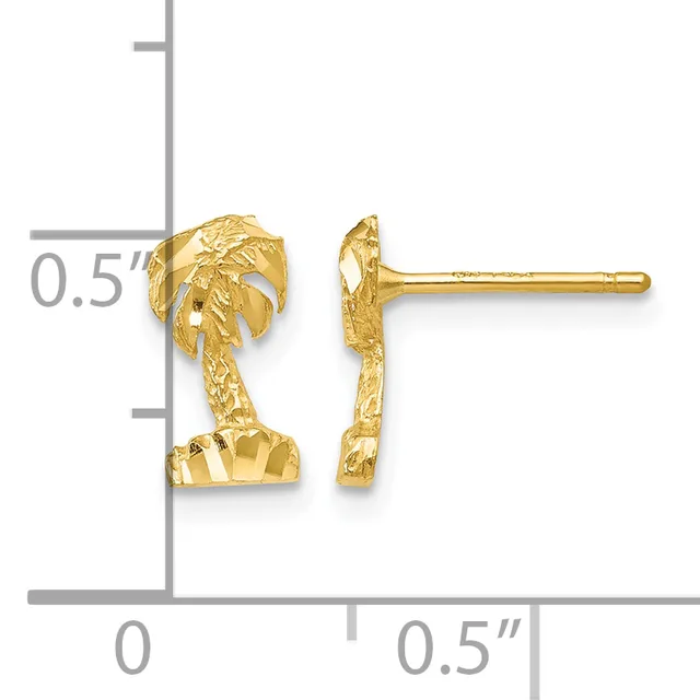 Gold palm tree stud earrings with textured finish shown next to a measurement scale indicating approximately 0.5 inches in height.