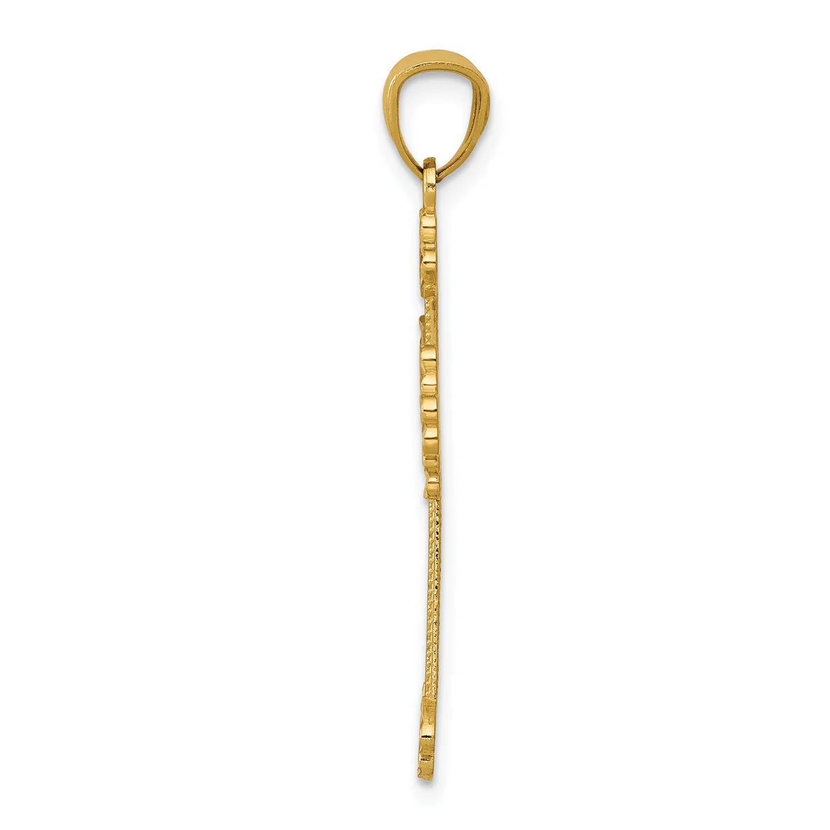 A long, slender gold-toned metal walking stick or cane with a teardrop-shaped handle at the top and a textured shaft, shown vertically against a white background.