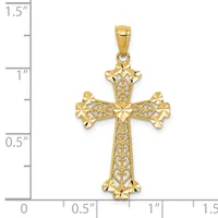 Gold ornate cross pendant with decorative filigree patterns and floral details on the arms and shaft, shown next to a ruler for scale.