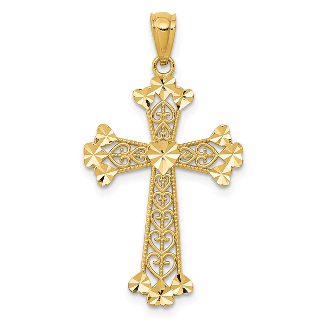 Gold cross pendant with ornate filigree detailing, floral-shaped ends on each arm, and a small stamped hallmark, shown hanging from a bail loop.