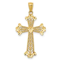 Gold cross pendant with ornate filigree detailing, floral-shaped ends on each arm, and a small stamped hallmark, shown hanging from a bail loop.
