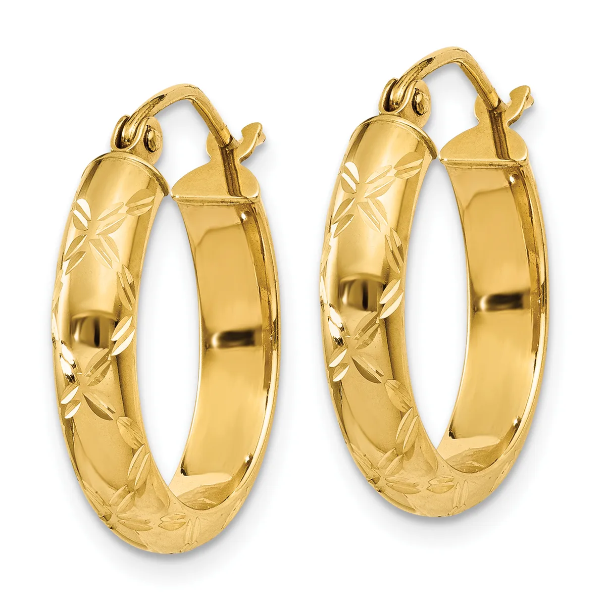 A pair of gold hoop earrings with a textured leaf pattern etched across the surface, shown from the front against a white background.