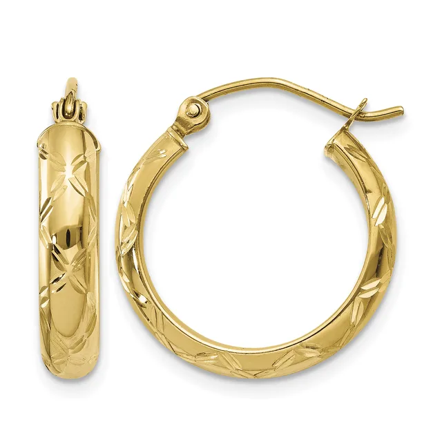 A pair of gold hoop earrings with a textured diamond-cut pattern surface, shown from the front and side view.