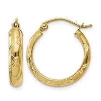 A pair of gold hoop earrings with a textured diamond-cut pattern surface, shown from the front and side view.