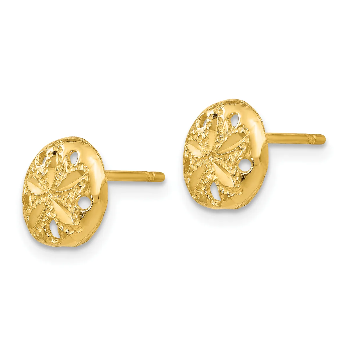 A pair of gold stud earrings with textured oval faces featuring a leaf or floral pattern with cutout details, shown on posts against a white background.