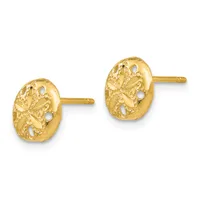A pair of gold stud earrings with textured oval faces featuring a leaf or floral pattern with cutout details, shown on posts against a white background.