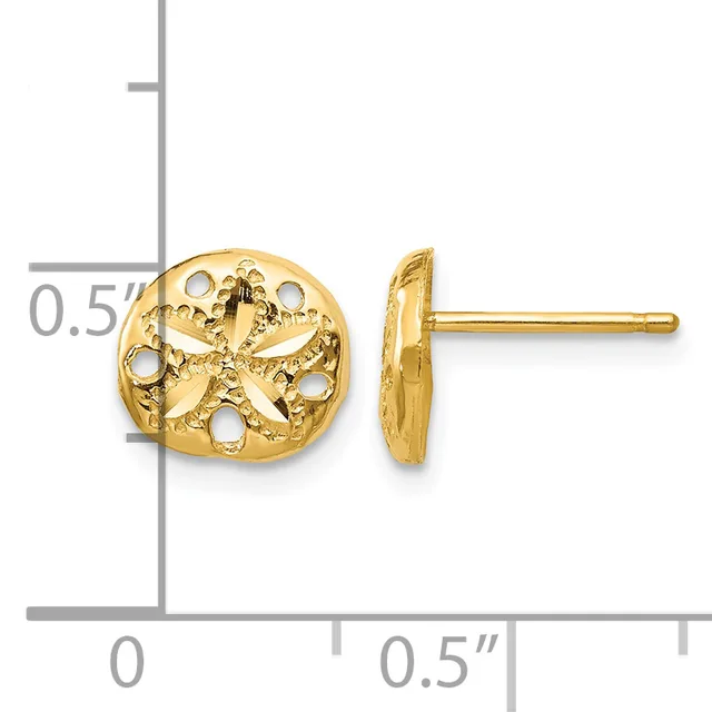 A pair of gold stud earrings with ornate circular flower-shaped fronts and straight posts, shown front and side view against a measurement scale.