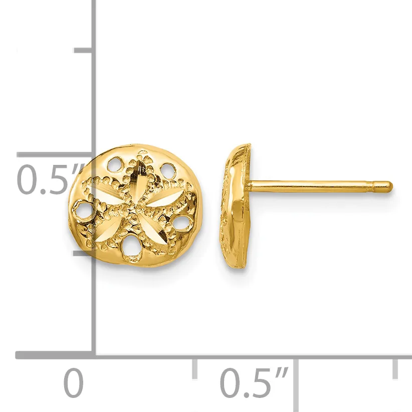 A pair of gold stud earrings with ornate circular flower-shaped fronts and straight posts, shown front and side view against a measurement scale.