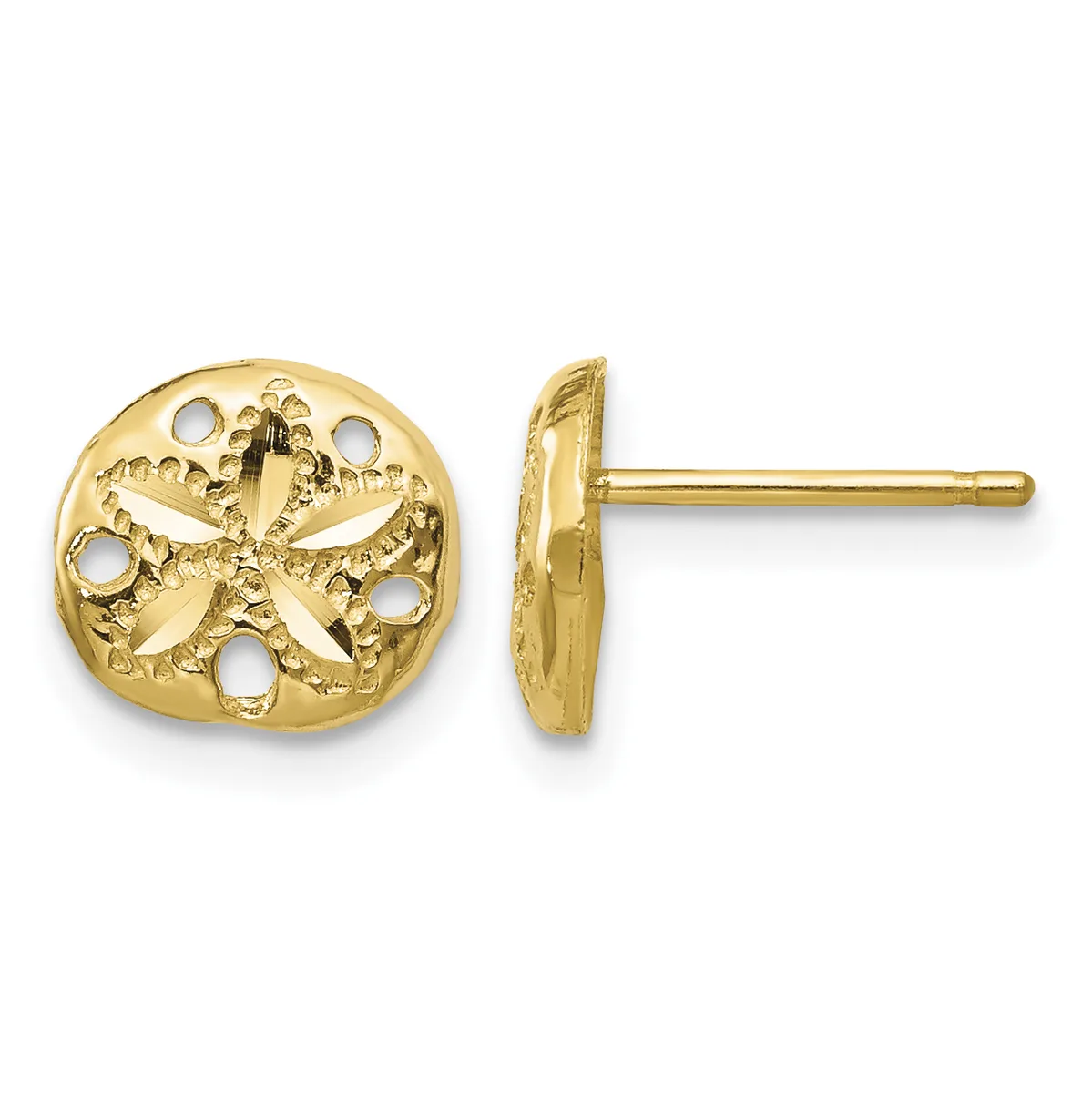 Pair of gold stud earrings with circular sand dollar design featuring cutout details and small holes, shown from front and side views.