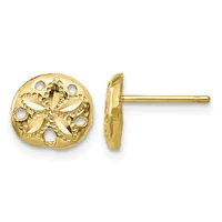 Pair of gold stud earrings with circular sand dollar design featuring cutout details and small holes, shown from front and side views.