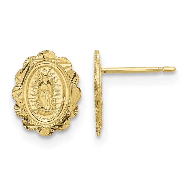 A pair of gold stud earrings featuring oval religious medallions with ornate leaf-shaped surrounds, shown from front and side views.