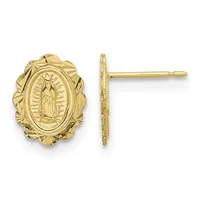 A pair of gold stud earrings featuring oval religious medallions with ornate leaf-shaped surrounds, shown from front and side views.
