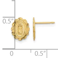 Gold oval stud earrings with a scalloped border featuring a religious figure in the center, shown front and side view with a measurement scale indicating approximately 0.5 inches in height.