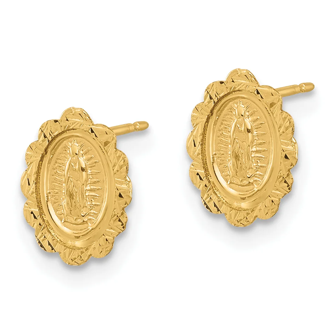 Pair of gold oval stud earrings with ornate leaf-shaped surrounds featuring a central religious medallion with a figure and radiating lines.