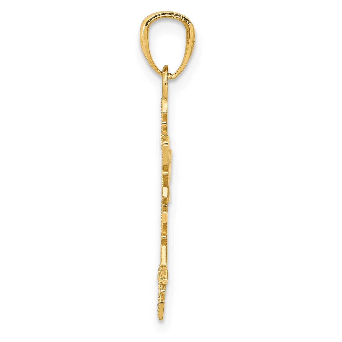 A long gold chain pendant with a looped bail at the top and a pointed bottom, displayed vertically against a white background.
