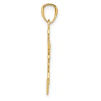 A long gold chain pendant with a looped bail at the top and a pointed bottom, displayed vertically against a white background.