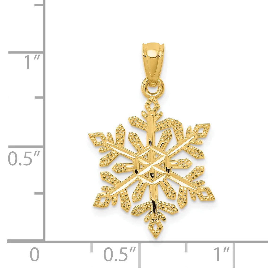 Gold snowflake pendant with textured petals shown next to a ruler measuring approximately one inch in height.