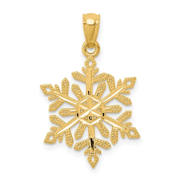 A gold snowflake pendant with textured petals and a polished center, suspended from a bail loop.