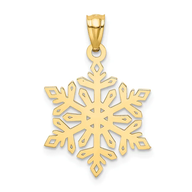 Gold snowflake pendant with geometric cutout design and a bail loop at the top, shown hanging against a white background.