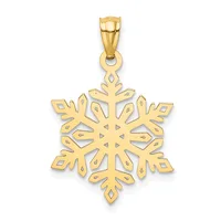 Gold snowflake pendant with geometric cutout design and a bail loop at the top, shown hanging against a white background.