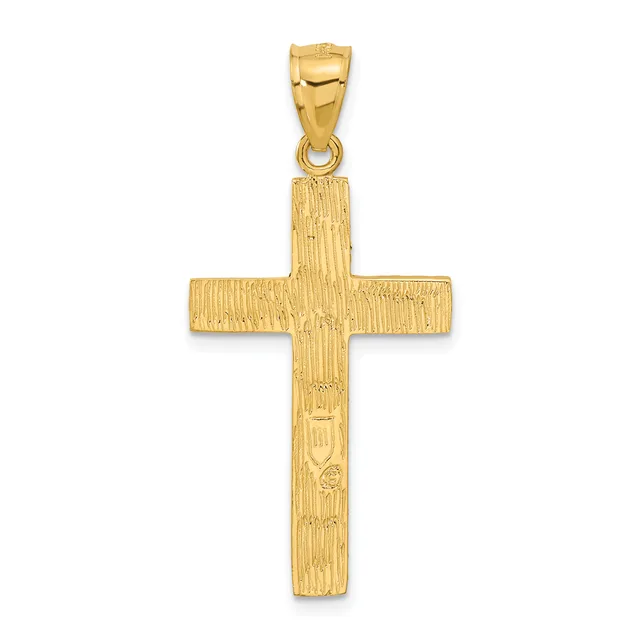 A gold cross pendant with a textured brushed finish and small stamped hallmark, suspended from a gold bail, shown against a white background.