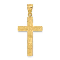 A gold cross pendant with a textured brushed finish and small stamped hallmark, suspended from a gold bail, shown against a white background.