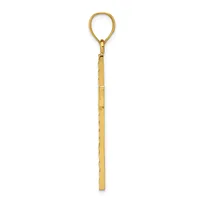 A long, slender brass pendant with a loop at the top and a flat rectangular handle at the bottom, featuring subtle segmented details along the shaft.